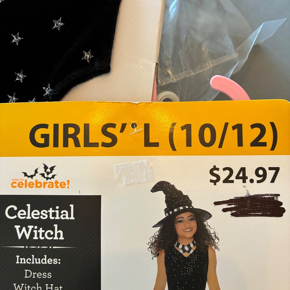 Way to Celebrate Celestial Witch Costume Girls Large 10/12 Black Silver Star 4pc - Picture 6 of 9